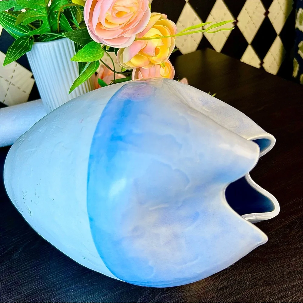 Large Wabi‎ Sabi Studio Pottery Vase Sculptural Ceramic Pinched Rim Blue White